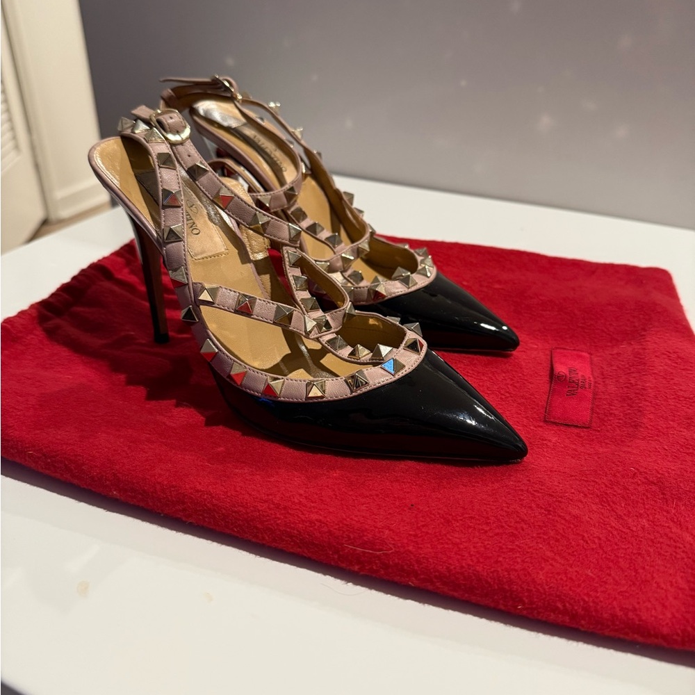 Valentino Rock Stud Studded Black and Tan Women's Heels